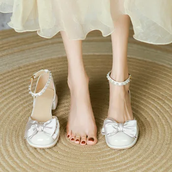 Ženske sandale s жемчужным luk, ljetna novost 2023, Mary Jane, elegantan ženski večer sandale na debelim petama, slatka cipele u stilu Лолиты